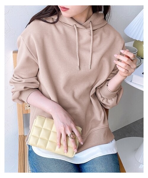 nissen（ニッセン）の「重ね着風フードパーカー（パーカー・レディース・グレージュ/ピンク/グリーン・M/L）」の6枚目の写真