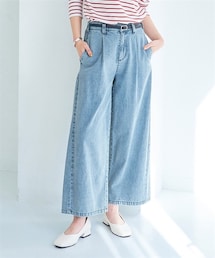 nissen | 大きいサイズ 【すっきり魅せ設計】綿１００％アンクル丈デニムワイドパンツ（ゆったりヒップ）（選べる２レングス）(デニムパンツ)