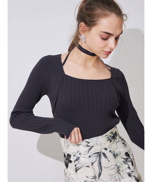 MERCURYDUO（マーキュリーデュオ）の「チョーカーリボンリブニット（ニット/セーター・レディース・オフホワイト/ミントグリーン/チャコールグレー/パープル/ラベンダー・F）」の2枚目の写真