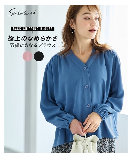 nissen（ニッセン）の「＜大きいサイズ＞ゆるシルエットバックシャーリングブラウス（シャツ/ブラウス・レディース・グレイッシュブルー/モーブピンク/黒・L/LL/3L/4L/5L/6L/8L/10L）」の4枚目の写真