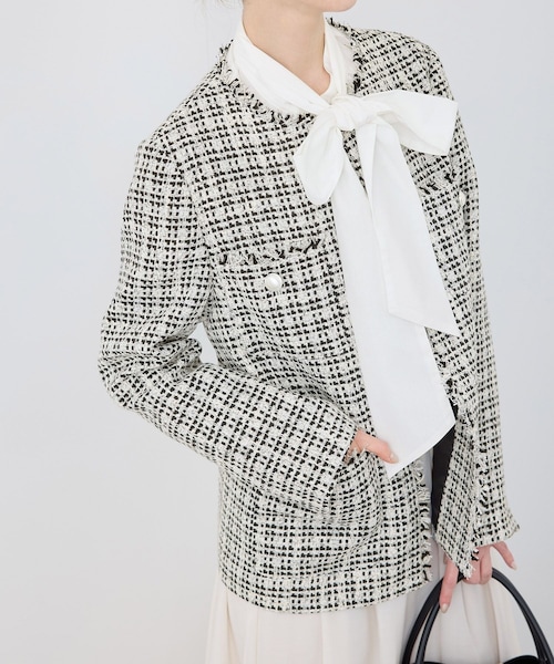 ROPE' PICNIC（ロペピクニック）の「セレモニー・通勤対応/ツイードジャケット/リンクコーデ（ノーカラージャケット・レディース・ブラック系/ライトグレー/オフホワイト/ネイビー・36/38）」の15枚目の写真