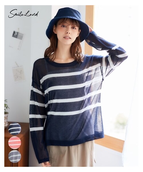 nissen（ニッセン）の「大きいサイズ ボーダーシアーニット（ニット/セーター・レディース・ネイビー系/オレンジ系/ライトグレー系・L/LL/3L/4L/5L/6L/8L/10L）」の2枚目の写真