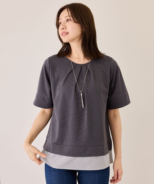 Jayro(ジャイロ)の「配色ストライプ半袖カットソー(Tシャツ/カットソー・レディース・チャコール/ベージュ系/ネイビー/ブルー系・M)」の6枚目の写真