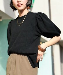 nissen | 大きいサイズ カットジャガードスタンドカラーパフスリーブプルオーバー(Tシャツ/カットソー)