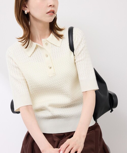 ROPE' PICNIC(ロペピクニック)の「ミニケーブルハーフスリーブニットポロシャツ(ポロシャツ・レディース・キナリ/ダークブラウン/ネイビー/カラシ・38)」の1枚目の写真