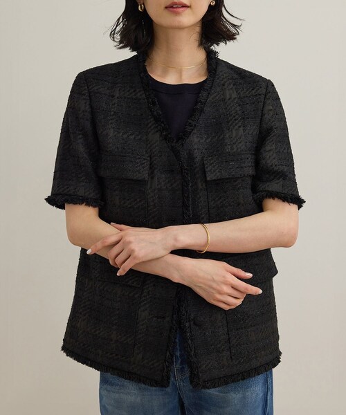 ROPE'（ロペ）の「サマーツイードハーフスリーブジャケット（ノーカラージャケット・レディース・ブラック/オフホワイト・F）」の8枚目の写真