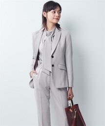 7days Life Styling | 【レディーススーツ】ドビー素材セットアップパンツスーツ３点セット（テーラードジャケット＋衿ぐりリボン付ブラウス＋ストレートパンツ）(スーツセット)