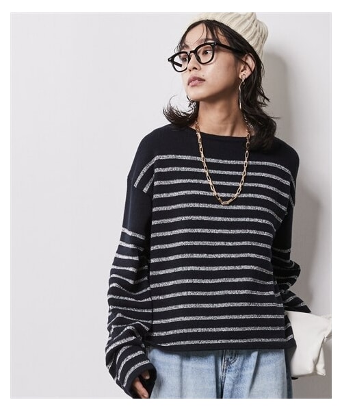 nissen（ニッセン）の「大きいサイズ ラメボーダーショートニット シックスタイル（ニット/セーター・レディース・オフホワイト×ネイビーラメボーダー/ネイビー×シルバーラメボーダー・L/LL/3L/4L/5L/6L/8L/10L）」の2枚目の写真