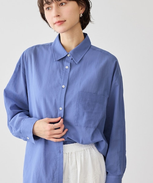 ROPE' PICNIC(ロペピクニック)の「お着軽シャツシリーズ 無地・ストライプ 2WAYシアーブラウス/接触冷感・通気性(シャツ/ブラウス・レディース・ホワイト/ネイビー/ブルー/ブルー系/ピンク/イエロー/ラベンダー/ダークブラウン/サックス/オレンジ・F)」の4枚目の写真