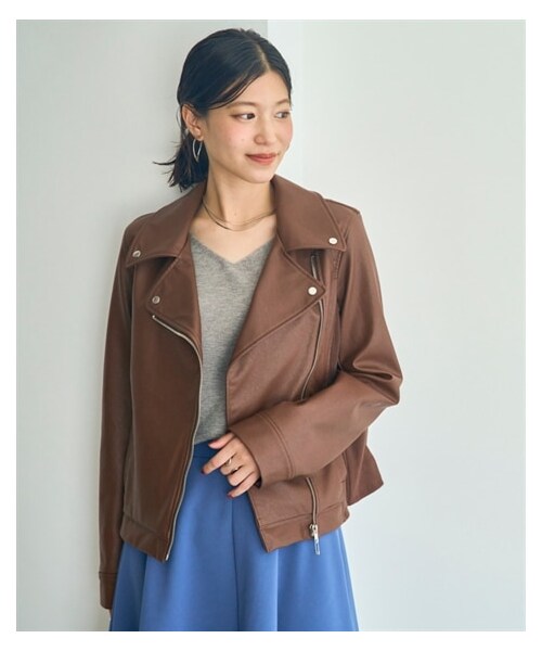 nissen（ニッセン）の「大きいサイズ ラクしてキレイ見え　リブ使いフェイクレザーライダースジャケット（ジャケット/アウター・レディース・ブラウン/黒・L/LL/3L/4L/5L/6L/8L/10L）」の18枚目の写真