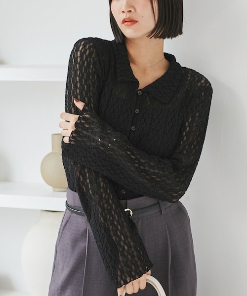 VIS（ビス）の「レースポロ襟カーディガン（カーディガン/ボレロ・レディース・ブラック/キナリ/ブラウン系・F）」の7枚目の写真