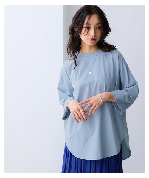 nissen（ニッセン）の「マルチドライ7分袖カットソー裾ラウンドチュニック（水陸両用・接触冷感・UVカット・吸汗速乾）＜大きいサイズ有＞（チュニック・レディース・杢ピーチ/杢マスカット/杢チャコールグレー/杢ビスケット/杢アイスブルー/アイボリー・S/M/L/LL/3L/4L/5L/6L/8L/10L）」の5枚目の写真