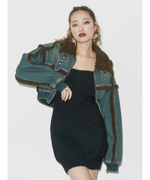 EVRIS（エヴリス）の「デニムボアブルゾン【セットアップ着用可能】（デニムジャケット・レディース・ブラック/インディゴ・F）」の9枚目の写真