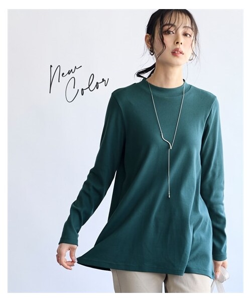 nissen（ニッセン）の「綿１００％フライス素材モックネックフレアチュニックＴシャツ（UVカット）＜大きいサイズ有＞（Tシャツ/カットソー・レディース・黒/オフホワイト/グレージュ/杢チャコールグレー/ネイビー/ライムグリーン/トープ/ディープグリーン/クラウドピンク・L/LL/3L/4L/5L/6L/8L/10L/S/M）」の6枚目の写真