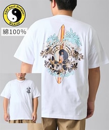 nissen | 綿100％バックプリント半袖Tシャツ（サーフボード×ハイビスカス柄）　T＆C　【大きいサイズ】(Tシャツ/カットソー)