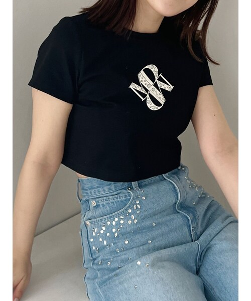 MERCURYDUO（マーキュリーデュオ）の「クロップドパールロゴTシャツ（Tシャツ/カットソー・レディース・オフホワイト/ブラック/パープル・F）」の6枚目の写真