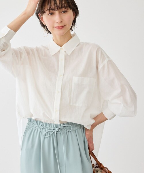 ROPE' PICNIC(ロペピクニック)の「お着軽シャツシリーズ 無地・ストライプ 2WAYシアーブラウス/接触冷感・通気性(シャツ/ブラウス・レディース・ホワイト/ネイビー/ブルー/ブルー系/ピンク/イエロー/ラベンダー/ダークブラウン/サックス/オレンジ・F)」の17枚目の写真