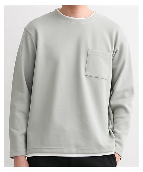 nissen（ニッセン）の「胸ポケット付き鹿の子ポンチ重ね着風プルオーバー長袖Tシャツ（Tシャツ/カットソー・メンズ・ライトグリーン/ブラック・M/L/LL）」の6枚目の写真