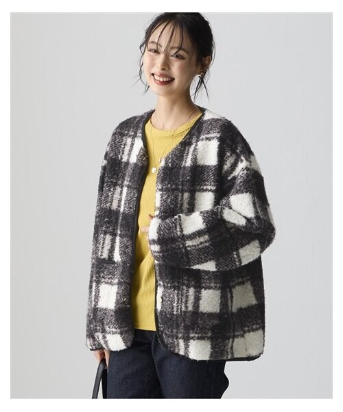 nissen（ニッセン）の「＜大きいサイズ＞ フェイクリングボアブルゾン（ジャケット/アウター・レディース・モカ/トゥルーグレー/黒チェック・L/LL/3L/4L/5L/6L/8L/10L）」の8枚目の写真