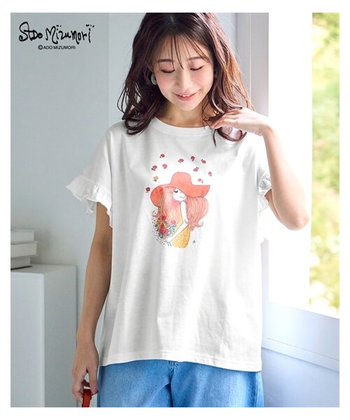 nissen（ニッセン）の「＜大きいサイズ＞【水森亜土】袖フリルプリントTシャツ（Tシャツ/カットソー・レディース・オフホワイト/パープル/黒・L/LL/3L/4L/5L/6L/8L/10L）」の10枚目の写真
