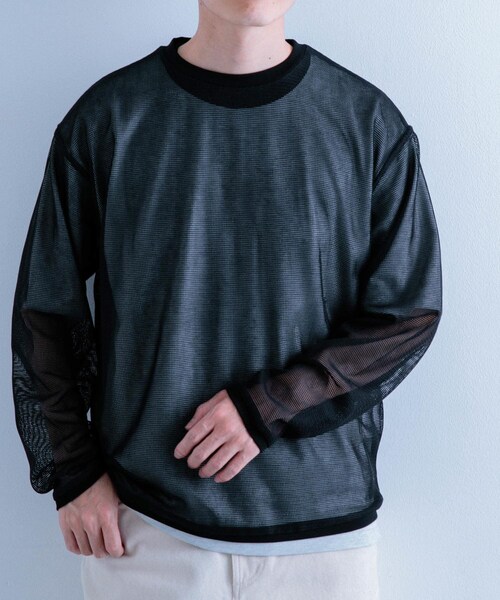 ITEMS URBANRESEARCH（アイテムズ アーバンリサーチ）の「メッシュトップス+Tシャツ レイヤードセット（Tシャツ/カットソー・メンズ・BLK×WHT/OFF×OLV/OFF×杢GRY・M/L）」の6枚目の写真