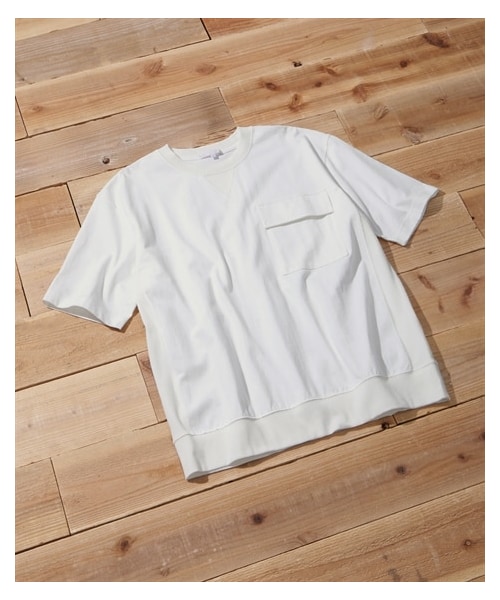 nissen（ニッセン）の「リブ付ミドルウェイト綿１００％オーバーサイズ５分袖ポケット付Tシャツ（Tシャツ/カットソー・メンズ・オフホワイト/黒/ネイビー/グレージュ/カーキ・M/L/LL/3L/4L/5L/6L/8L/10L）」の5枚目の写真