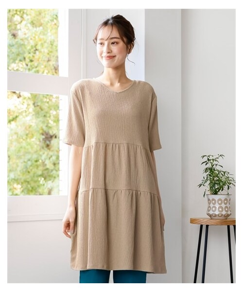 nissen（ニッセン）の「大きいサイズ　涼しいサラサラカットソー楊柳ゆるシルエット５分袖チュニック（チュニック・レディース・インクブルー/黒/モスカーキ/ベージュ/ピーチピンク・L/LL/3L/4L/5L/6L/8L/10L）」の3枚目の写真