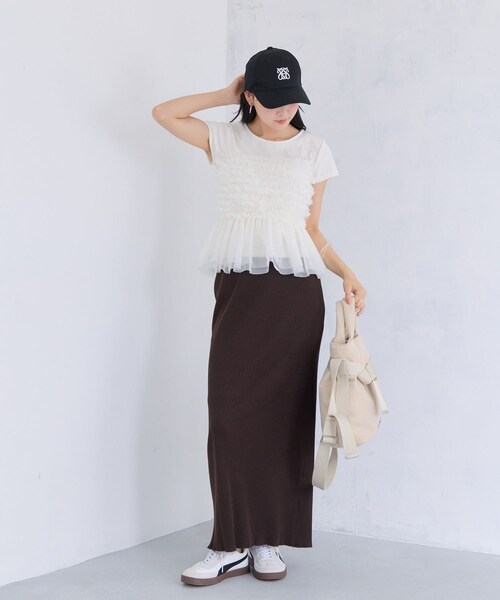 VIS（ビス）の「【夏トク価格】チュールフリルドッキングフレンチスリーブ/UVケア（Tシャツ/カットソー・レディース・チャコール/オフホワイト/ブラウン系・F）」の14枚目の写真