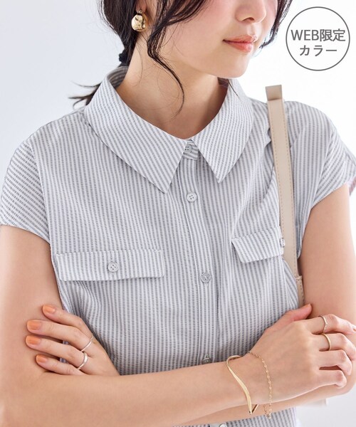VIS(ビス)の「フレンチスリーブサッカーブラウス/UVケア・WEB限定カラー(シャツ/ブラウス・レディース・ブラック系/グレー/ホワイト/ネイビー/サックス・F)」の9枚目の写真