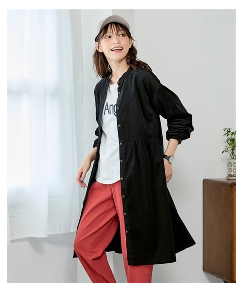 nissen（ニッセン）の「大きいサイズ 綿１００％コーディロイバンドカラーゆるシャツワンピース（ワンピース・レディース・ラズベリー/ブラウン/黒・L/LL/3L/4L/5L/6L/8L/10L）」の10枚目の写真