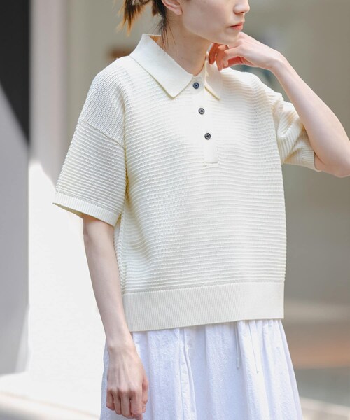 URBAN RESEARCH DOORS(アーバンリサーチドアーズ)の「FORK&SPOON 透かし編みニットポロ(ポロシャツ・レディース・IVORY/NAVY/ORANGERED・1)」の1枚目の写真