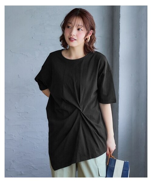 nissen（ニッセン）の「＜大きいサイズ＞綿100％汗染みしにくいクロスデザイン５分袖Tシャツ（Tシャツ/カットソー・レディース・黒/ネイビー/チャコールグレー/ダークグリーン・L/LL/3L/4L/5L/6L/8L/10L）」の7枚目の写真