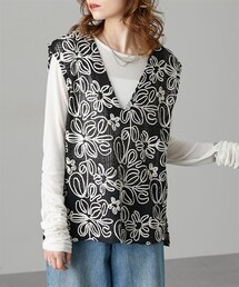 Soiunique | コード刺繍メッシュニュアンス柄Ｖネックベスト　［Soiunique］(ベスト)