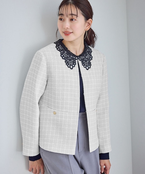 ROPE' PICNIC（ロペピクニック）の「【WEB限定カラー】ツイードフレアジャケット/入卒式・セレモニー対応・リンクコーデ（ノーカラージャケット・レディース・ブラック系/ライトグレー/オフホワイト/ネイビー・L/M）」の9枚目の写真