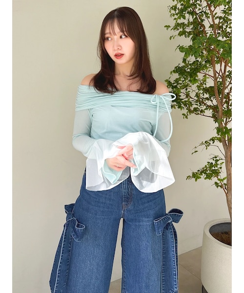 dazzlin（ダズリン）の「シアーベロアオフショルトップス（Tシャツ/カットソー・レディース・アイボリー/ブラック/ピンク/ミントグリーン/ベージュ・F）」の22枚目の写真