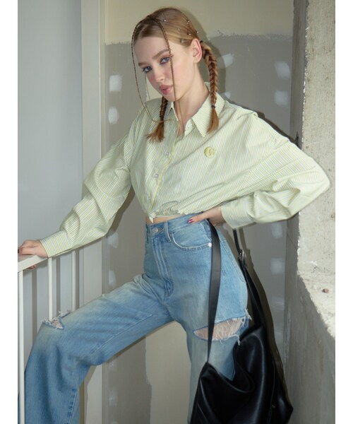 EVRIS（エヴリス）の「リボンデザインショートストライプシャツ（シャツ/ブラウス・レディース・イエロー/グリーン/ホワイト/ピンク・F）」の14枚目の写真