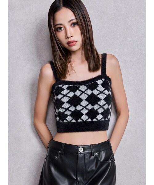GYDA（ジェイダ）の「Argyll patternミニシャギーニットキャミ（キャミソール・レディース・オフホワイト/ブラック・F）」の5枚目の写真