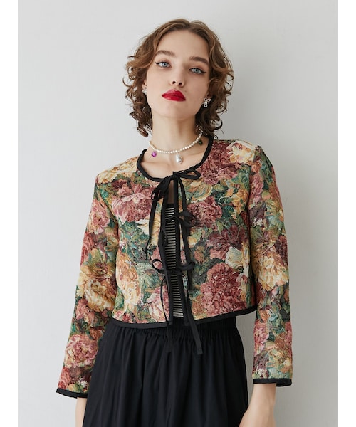 jouetie（ジュエティ）の「フロントリボンゴブランジャケット（ノーカラージャケット・レディース・アイボリー/ブラック/ブルー・M）」の3枚目の写真