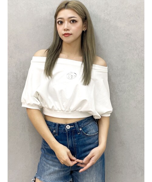 GYDA（ジェイダ）の「GDエンボスオフショルトップス（Tシャツ/カットソー・レディース・オフホワイト/ブラック/ピンク・F）」の2枚目の写真