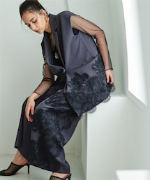 Callarus | 【お呼ばれ・よそいき・結婚式・パーティー・オケージョンドレス】アシメレース刺繍デザインジレパンツセットアップドレス〔Callarus〕(パンツドレス)