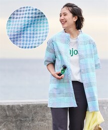 nissen | 大きいサイズ綿100%５分袖さらさらサッカー生地ロング丈シャツ（バンドカラー）(チュニック)
