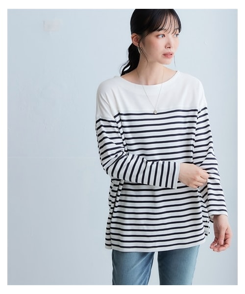 nissen（ニッセン）の「綿１００％スムースパネル風ボーダーカットソートップス＜大きいサイズ有＞（Tシャツ/カットソー・レディース・オフホワイト×ペールブルー/オフホワイト×ベージュ/ライトグレー×オフホワイト/オフホワイト×ネイビー/ネイビー×モカ/オフホワイト×ミルキーピンク/オフホワイト×ミルキーグリーン/マスタード×オフホワイト・S/M/L/LL/3L/4L/5L/6L/8L/10L）」の5枚目の写真