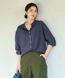 nissen | 大きいサイズ【しっとりしなやか素材】ストレッチシンプルバンドカラーシャツ(シャツ/ブラウス)