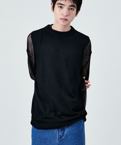 ADAM ET ROPE'(アダムエロペ)の「SHEER LONG SLEEVE KNIT UNISEX(ニット/セーター・レディース・ブラック/オフホワイト/ブルー系・38/40/42)」の5枚目の写真