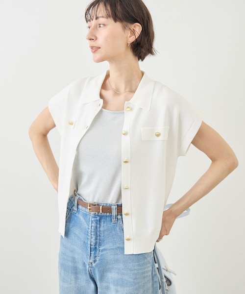 ROPE' PICNIC(ロペピクニック)の「八方映えニット 金ボタンフレンチスリーブポロカラーカーディガン/UVカット・接触冷感・イージーケア(カーディガン/ボレロ・レディース・ブラック/オフホワイト/ブラウン/サックス/ラベンダー・F)」の13枚目の写真