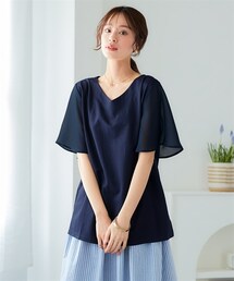 nissen | ＜大きいサイズ＞美ラクRUタッチ袖シフォン使い浅Vネックトップス（接触冷感・UVカット）(Tシャツ/カットソー)