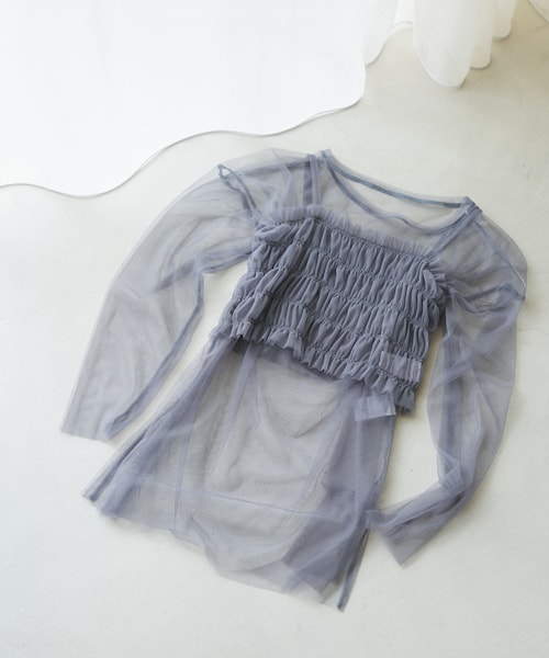 VIS(ビス)の「【SET】チュールレイヤードカットソー&ビスチェキャミソール(Tシャツ/カットソー・レディース・ブラック/ブラック系/グレー/キナリ・F)」の6枚目の写真