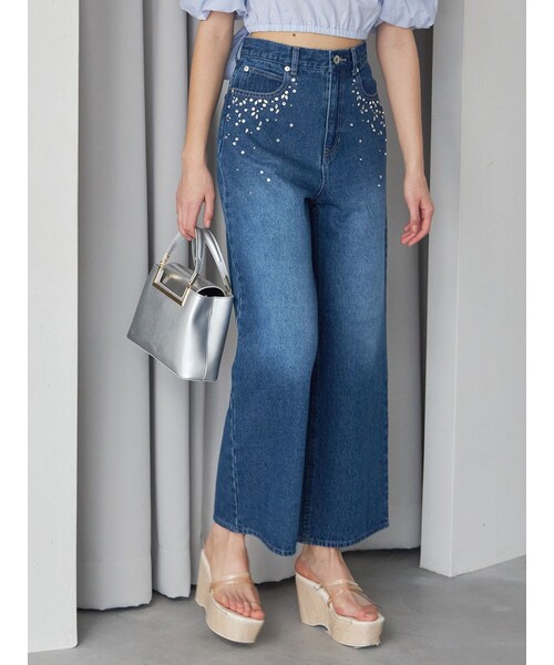 MERCURYDUO（マーキュリーデュオ）の「ビジュー付ハイウエストデニム（デニムパンツ・レディース・ブルー/インディゴ・S/M）」の16枚目の写真