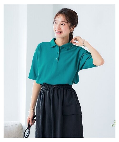 nissen（ニッセン）の「吸汗速乾・ＵＶカットカノコ５分袖ポロシャツ＜大きいサイズ有＞（ポロシャツ・レディース・黒/オフホワイト/ネイビー/杢グレー/マホガニーブラウン/カージナルレッド/フォレストグリーン/ピンク/ブルー/セージグリーン/ターコイズグリーン/ラベンダー/アッシュカーキ・L/LL/3L/4L/5L/6L/8L/10L/S/M）」の7枚目の写真