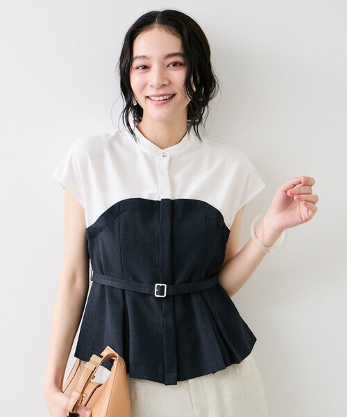 VIS(ビス)の「美easyビスチェドッキングフレンチブラウス/接触冷感・イージーケア・セットアップ対応(シャツ/ブラウス・レディース・グレー/キナリ/ネイビー/サックス・F)」の21枚目の写真